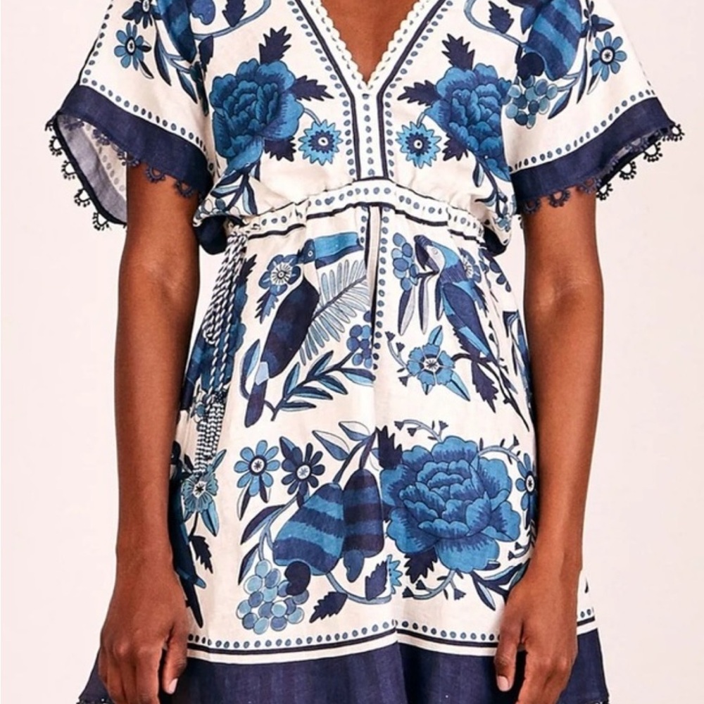 Farm Rio White Dress with Blue Floral Pattern